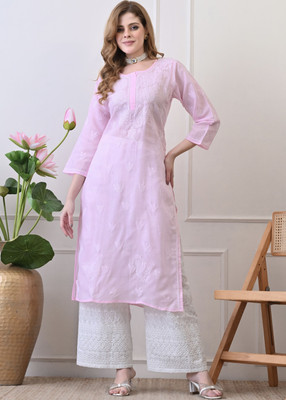 Chikirpolo Women Chikan Embroidery Straight Kurta(Pink)