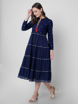 JYOTIASHA Women Printed Anarkali Kurta(Dark Blue, White)