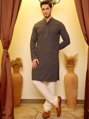 House of Pataudi Men Embroidered Straight Kurta(Grey)