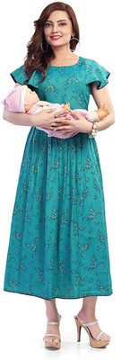 Mom&bae Women Floral Print A-line Kurta(Light Blue)