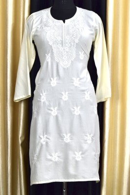 Fashionable Chikan Handicraft Women Embroidered, Chikan Embroidery Straight Kurta(White)
