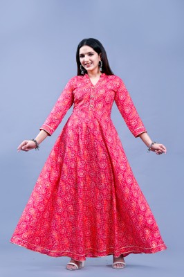 Shubhmantra Women Leheriya Flared Kurta(Red)