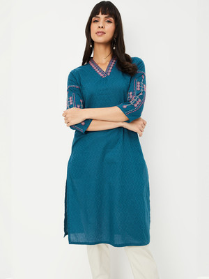 MAX Women Printed Straight Kurta(Blue)