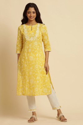 W Women Floral Print A-line Kurta(Yellow)