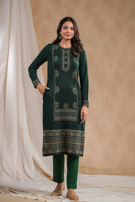 Ishin Women Geometric Print Straight Kurta(Dark Green, Beige)