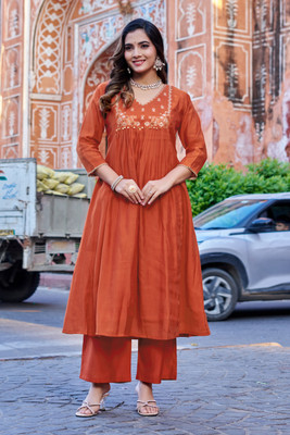 KODILA Women Embroidered, Embellished Flared Kurta(Orange)