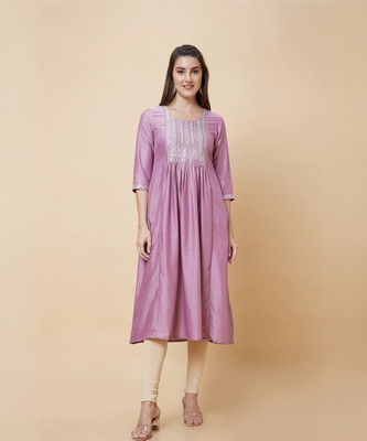 Globus Women Embroidered A-line Kurta(Pink)
