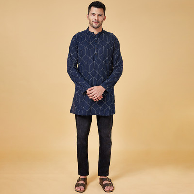 Indus Route by Pantaloons Men Printed A-line Kurta(Dark Blue)