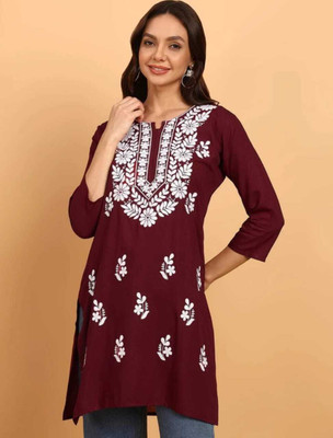 a h embroidery Women Chikan Embroidery Straight Kurta(Maroon)