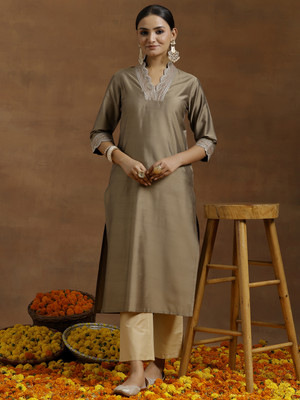 LIBAS Women Embroidered Straight Kurta(Brown)