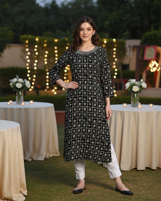 maaesa Women Printed Straight Kurta(Black)