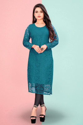 URUFASHIIONMART Women Self Design Straight Kurta(Dark Blue)