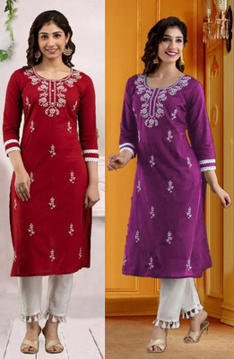 vikshi Women Chikan Embroidery A-line Kurta(Multicolor)