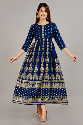 KRISHA CREATION Women Printed Anarkali Kurta(Dark Blue)