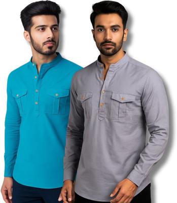 MAHIRAN Men Solid Straight Kurta(Grey, Blue)