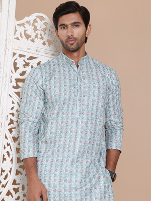 ANOUK Men Printed Straight Kurta(Blue, Silver)