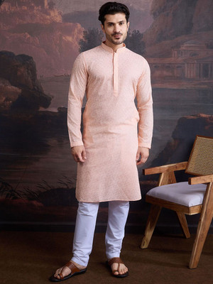 House of Pataudi Men Self Design Straight Kurta(Pink)