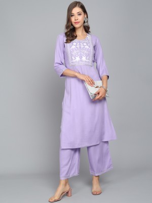 ANGITA Women Embroidered Straight Kurta(Purple)