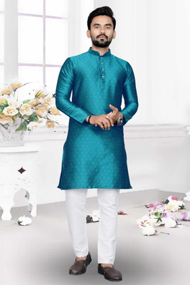 Brofun Men Printed Straight Kurta(Blue)