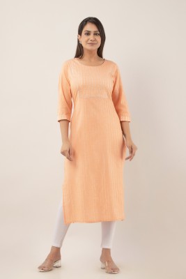 the brij fashions Women Striped, Embellished Straight Kurta(Orange)