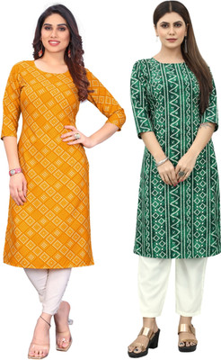 MARIDI FASHION Women Printed Straight Kurta(Green, Yellow)