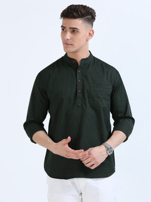Last stitch Men Solid Straight Kurta(Dark Green)
