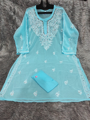 Neelam Chikan Women Chikan Embroidery, Embroidered Straight Kurta(Blue)
