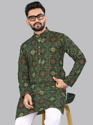 Svatantra Men Printed Straight Kurta(Dark Green)