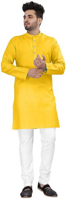 Metro Traders Men Solid Straight Kurta(Yellow)
