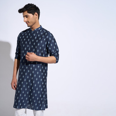 Indus Route by Pantaloons Men Solid A-line Kurta(Blue)