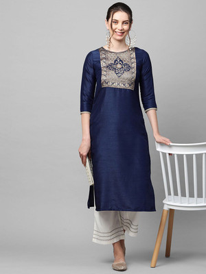 ANOUK Women Floral Print Straight Kurta(Dark Blue)