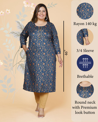 MEHKFAB Women Floral Print Straight Kurta(Blue)