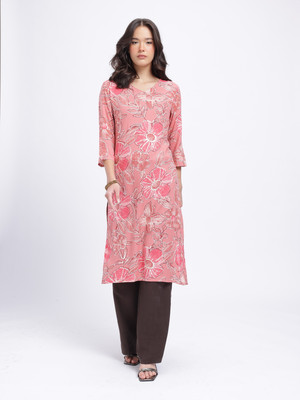 Anouk Rustic Women Floral Print Straight Kurta(Pink)