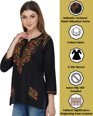 VAHSON Women Chikan Embroidery, Embroidered Straight Kurta(Black)