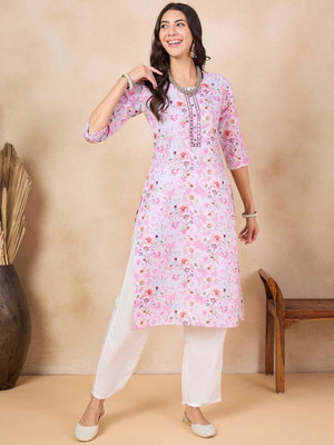 ANOUK Women Floral Print Straight Kurta(Pink)