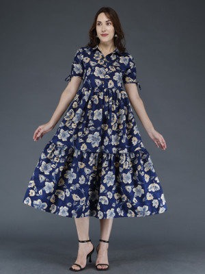 SIYAFABRICSES Women Gown Dark Blue Midi/Calf Length Dress