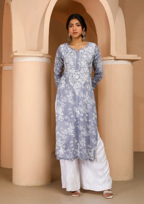 House of Chikankari Women Embroidered Straight Kurta(Grey)