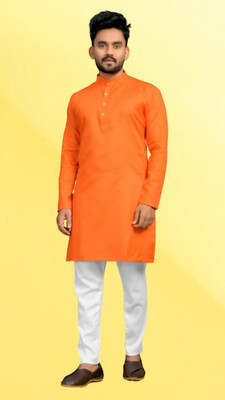 M Biswas Men Solid A-line Kurta(Orange)