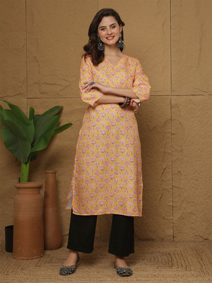 Anouk Rustic Women Printed, Floral Print Straight Kurta(Yellow)