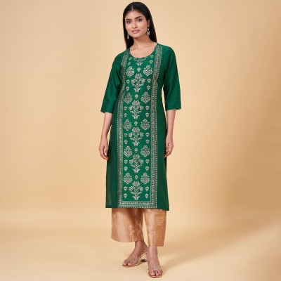 Rangmanch by Pantaloons Women Printed Straight Kurta(Dark Green, Beige)