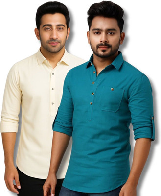VIMASUTI Men Solid Straight Kurta(Beige, Blue)