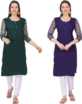 Good Straders Women Solid Straight Kurta(Green, Blue)