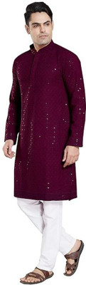garviya fashion Men Embellished, Self Design Straight Kurta(Purple)