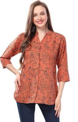 Anmi Fashionably Rustic Printed Short Tunic in Faux Crepe Printed Women Straight Kurta(Orange, Black)