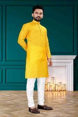 SHIVGARMENT Men Printed A-line Kurta(Yellow)