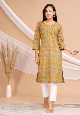 Muslin Women Printed Straight Kurta(Yellow)