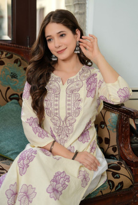 Fashtown Women Embroidered, Floral Print Straight Kurta(Purple)