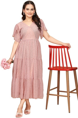 Parth Creation Women Printed Flared Kurta(Pink)