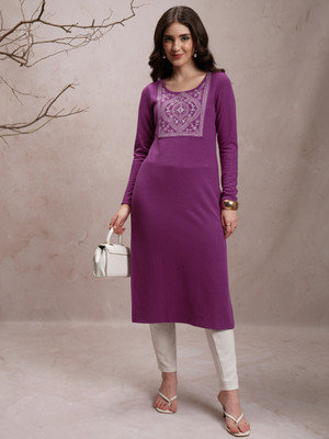Vishudh Women Embroidered Straight Kurta(Purple)