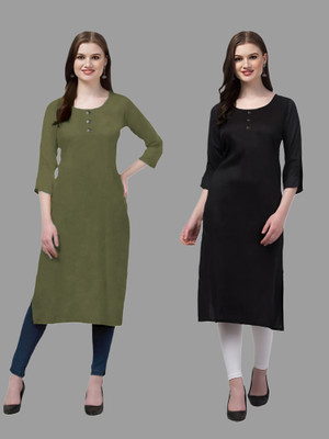 Coft Women Solid Straight Kurta(Green, Black)